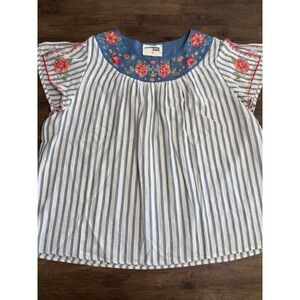 Savanna Jane Plus Size 1X Multicolor Floral Embroidered Striped Blouse Shirt